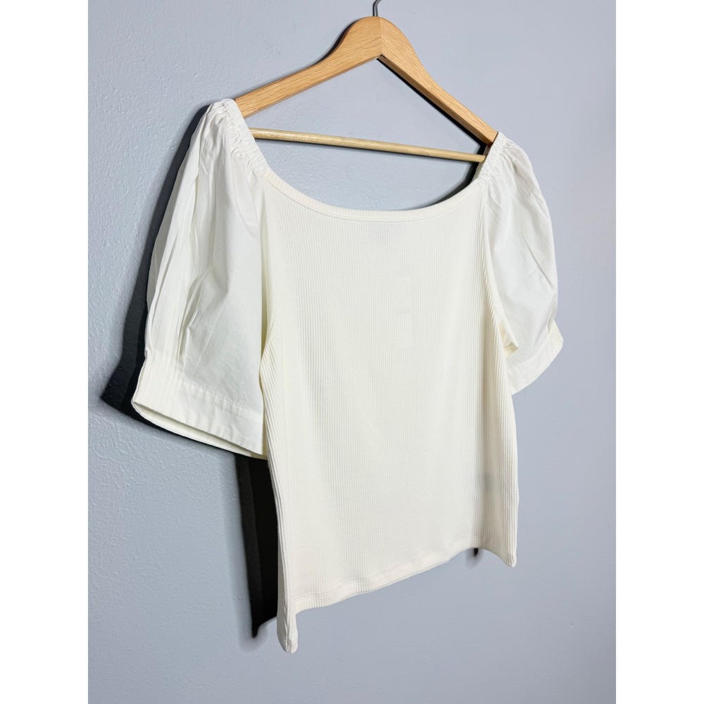 J.crew Vintage‎ rib top with cotton poplin puff sleeves XL Ivory - Picture 3 of 6